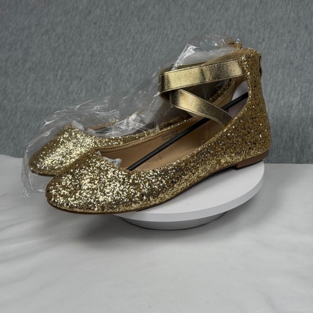 ANNA Dana-20B-S Women Gold Glitter Ankle Strap Ballet Flats Size 11 NEW‎